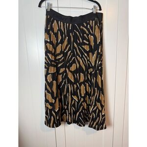 DKNY Women's XL Pleated Midi Skirt Black Tan Animal‎ Print Elastic Waist